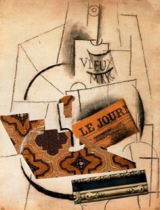 Botella de Vieux Marc,vaso y periódico. Picasso Pompidou.