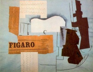 Guitarra,periódico, vaso y botella.1913. Picasso. Papeles pegados y pluma sobre papel. Tate Gallery. Londres.