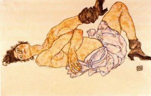 Recliening female nude. 1917. Aguada, acuarela y carbón. Moravská Galerie.