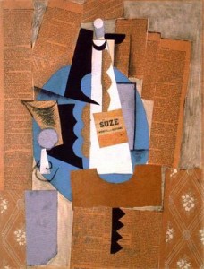 Vaso y botella de Suze.1912. Picasso. Galería de arte de la Universidad de Washington. San Luis. USA.
