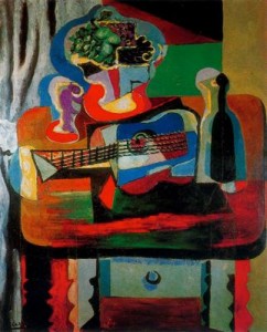 guitarra, botella, fruteroy copa sobre una mesa. 19. picasso. colección heinz berggruen, ginebra. suiza.