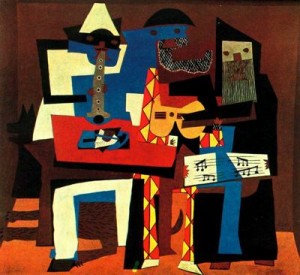 musicos con mascaras. 21. picasso. fondos de la colección de mrs. simon guggenheim, museo de arte moderno, new yort. usa