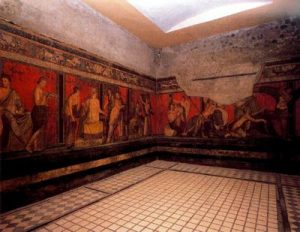 Conjunto de los frescos megalofráficos del triclinium. Villa de los Misterios. Pompeya.
