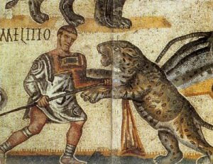 Mosaico con combates entre gladiadores y fieras. Galería Borghese. Roma. Italia.