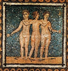 Mosaico de las tres Gracias. Museo Arqueológico. Barcelona. España.