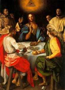 1525. La Cena de Emaús. 230 x 173 cm. Galería de los Uffizi. Florencia. Italia.