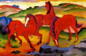 1911. Caballos rojos de pastoreo.