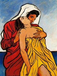 1935. Hombre y mujer a la orilla del mar.