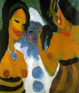 1917. Mujeres y un pierrot. Óleo sobre lienzo.