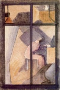 1942. Cuadro de ventana XII, habitación con figura sentada y sombras violetas.