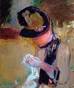 1886. Mujer joven cosiendo en el jardín.
