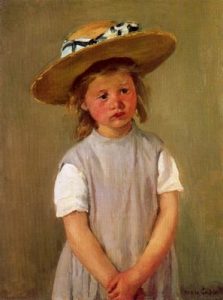 1886. Niña con un gran sombrero de paja y delantal.