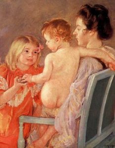 1901. Sara dando un juguete al niño.