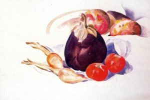 1927. Berenjenas, zanahorias y tomates. Acuarela sobre papel.