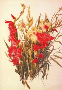 1928. Gladiolos rojos y amarillos. Acuarela sobre papel.